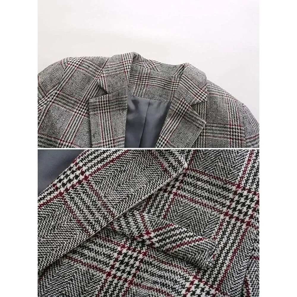ebossy Women's Houndstooth Plaid Boyfriend Blazer - Notch Lapel Suit Coat - XS - Picture 5 of 5